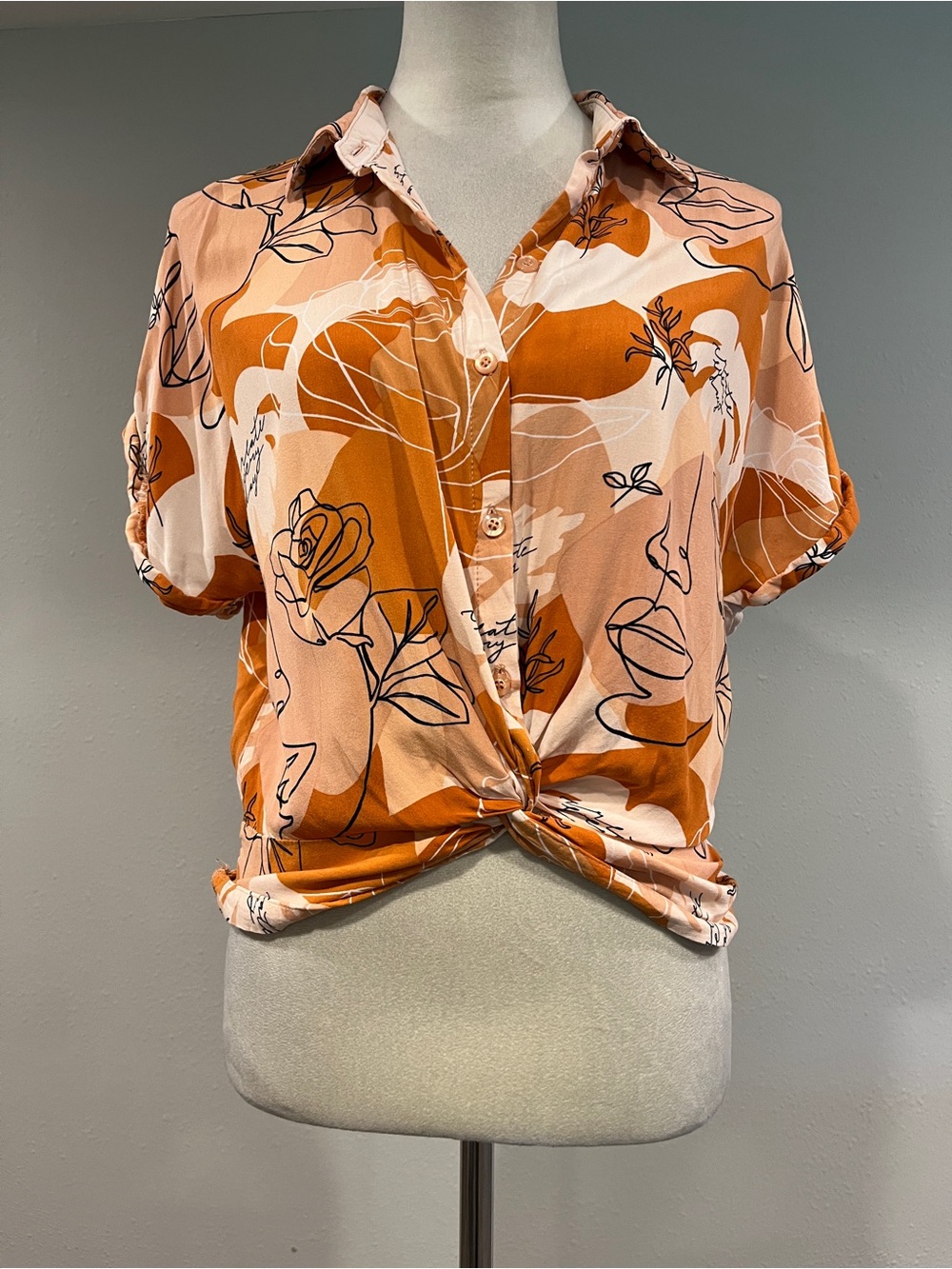 SunBurst kiss bohemian Knot-Front Button-Up cropped blouse size large